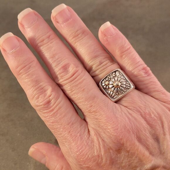 Sterling & 14k Flower Motif Signet Style  Ring - Picture 10 of 10